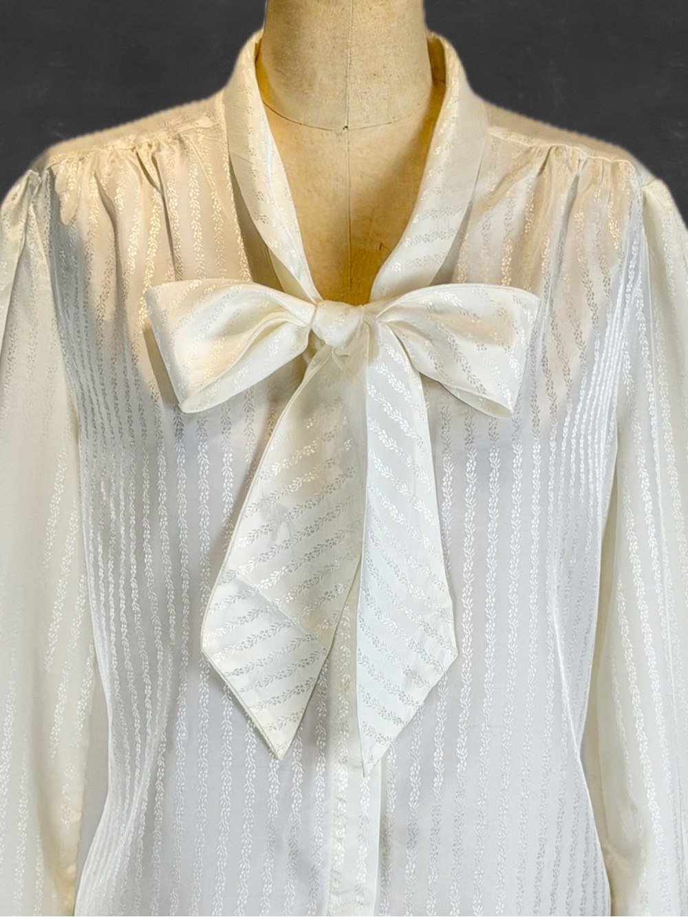 VINTAGE 80s bow blouse button down silky satin sheen stripe ivory ladylike fancy